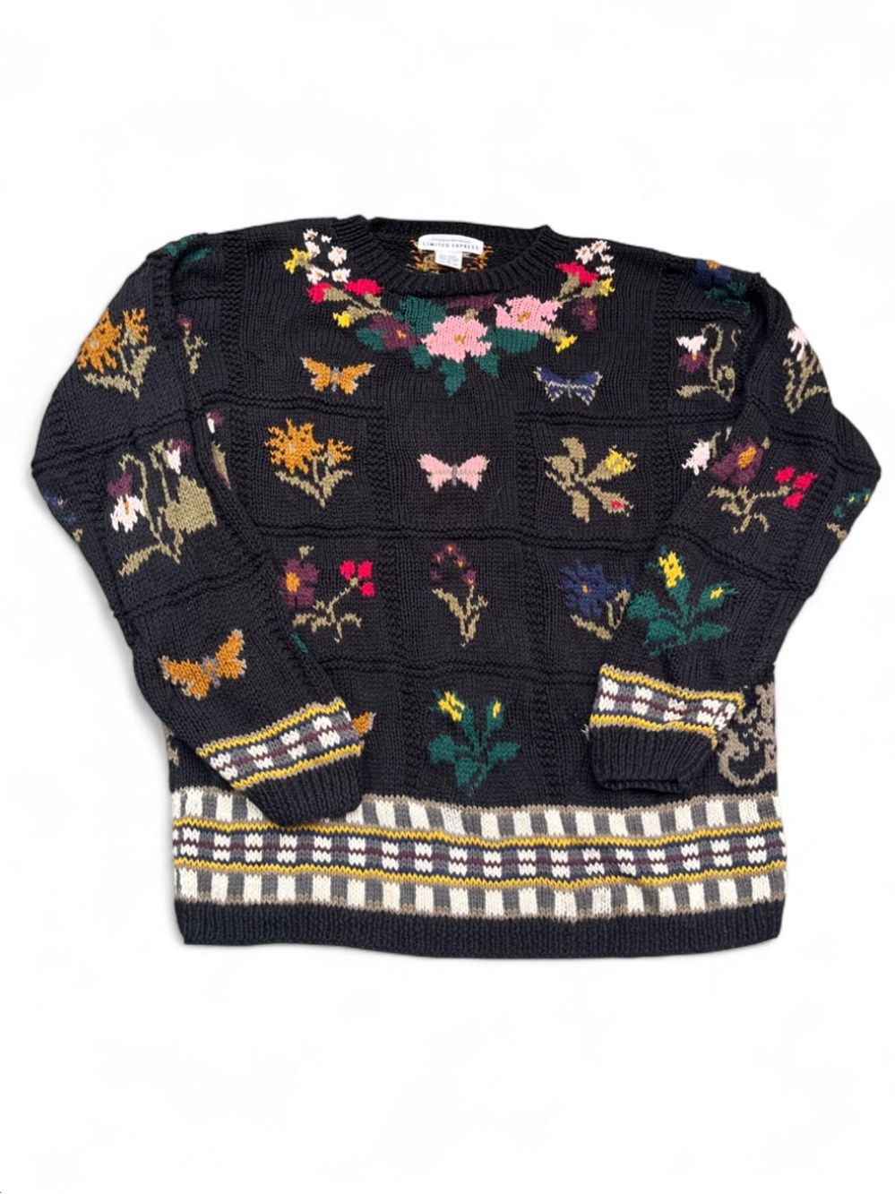 Vintage M cotton butterflies Black Floral Intarsia Crewneck Sweater limited exp